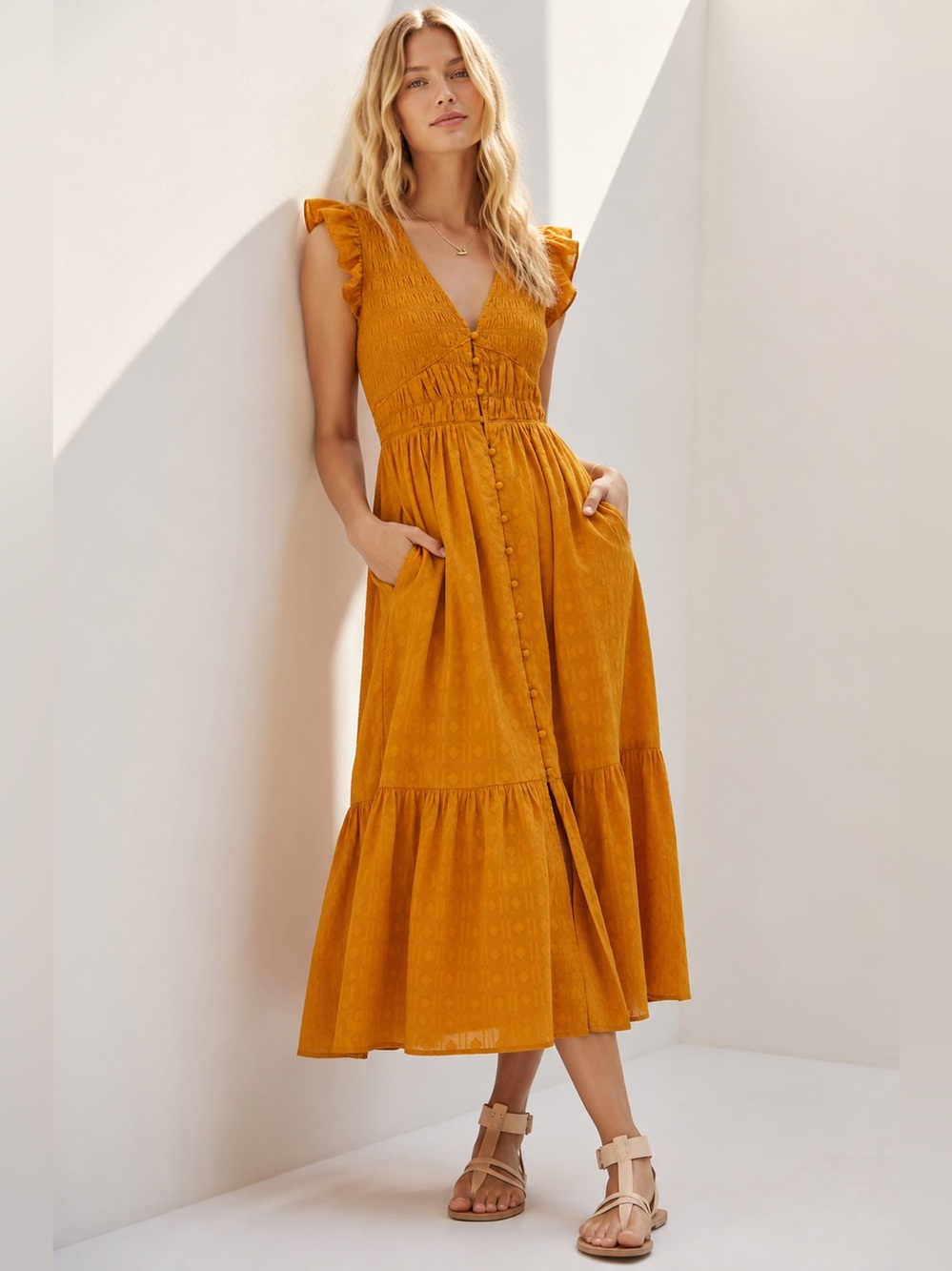 Anthropologie Peregrine Smocked Ruffle Midi Dress Size Medium Pockets